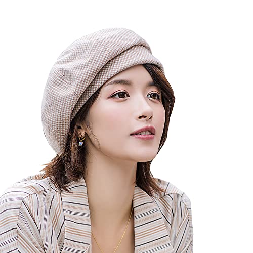 Women Winter Classic Beret Hat Newsboy Cap Painter Hats Houndstooth Beret Hats - color: Py06 Khaki