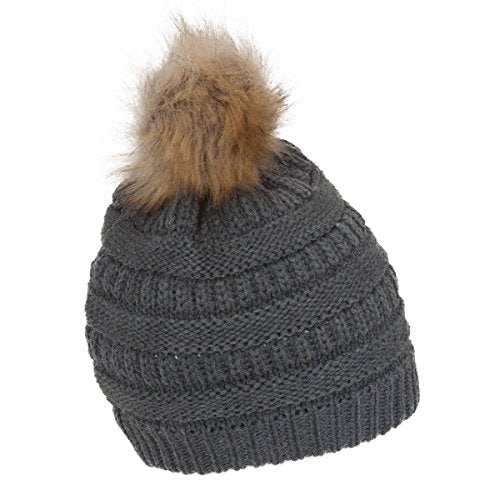 Gravity Threads Cable Knit Faux Fur Pom Pom Beanie Hat - color: Dark Melange Grey