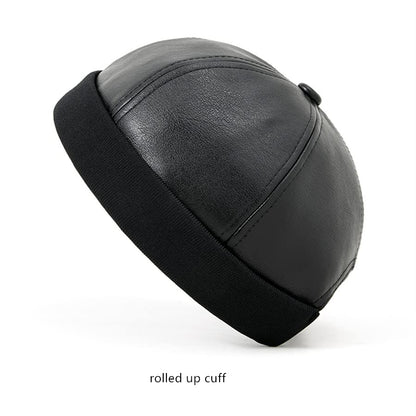 Unisex Faux Leather Docker Cap Brimless Leon Hat Skull Cap Beanie for Men Women - color: Black