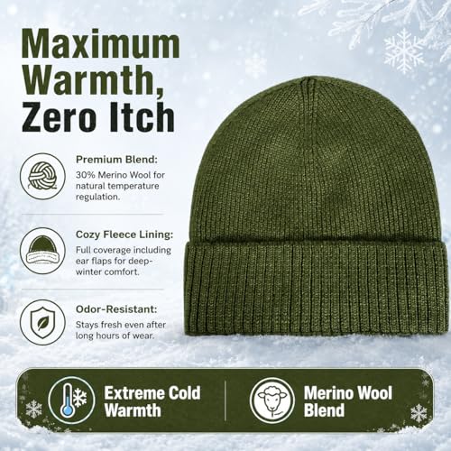 Men’s Plus Size M/L-XXL Merino Wool Beanie for Big Heads - color: Army Green, size: X-Large-XX-Large