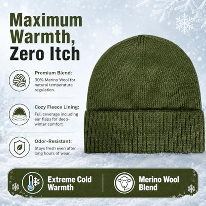 Men’s Plus Size M/L-XXL Merino Wool Beanie for Big Heads - color: Army Green, size: X-Large-XX-Large