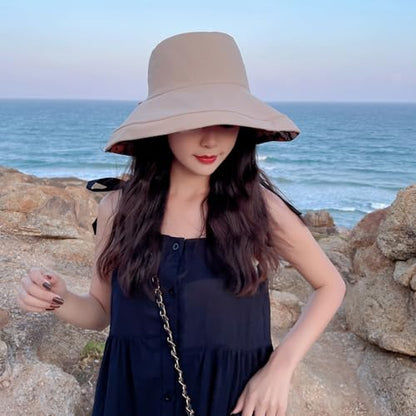 Women Bohemian Reversible Sun Hat Wide Brim Fishing Hats - color: Khaki Floral