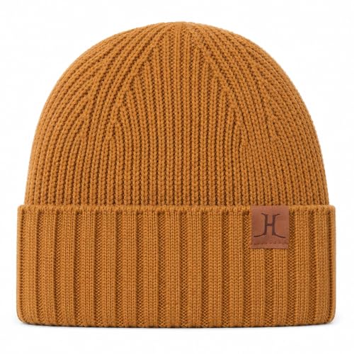 Winter Beanies Hats for Men, Knit Fleece Beanie Skull Caps, Mens Toboggans Ribbed Cuffed Stocking Hat - color: Brown