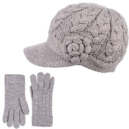 Womens Winter Elegant Cable Flower Knitted Newsboy Cabbie Cap Beret Beanie Hat with Visor, Warm Plush Fleece Lined - color: Dk. Beige Cable Flower-hat Gloves Set