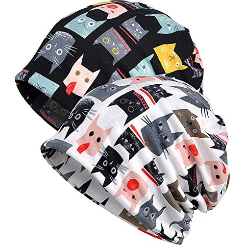 XYIYI Womens Chemo Headwear Hats Cotton Slouchy Beanie Cap Scarf - color: 2pcs Cat-f