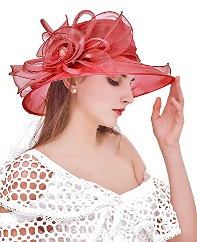 Z&X Organza Church Fascinator Wedding Tea Party Derby Hats for Women Flower Wide Brim Sun Hats - color: 022 Wine Red