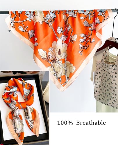 Dailyacc Hair Bandanas Scarf For Women Lightweight Fashion Neck Silk Satin Head Scarves For Sleeping Handbags Scarf - color: 24-orange Wintersweet/27.5*27.5in