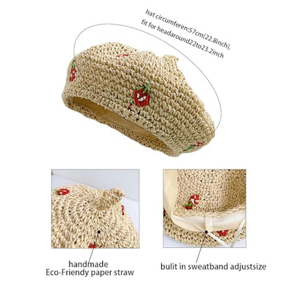 Straw Beret Summer French Beret Hats for Women Artist Crochet Beret - color: Strawberry Beige