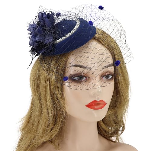 Fascinator Pillbox Hat for Women, Feather Flower Pearls Hair Headwear Veil - color: Navy Blue