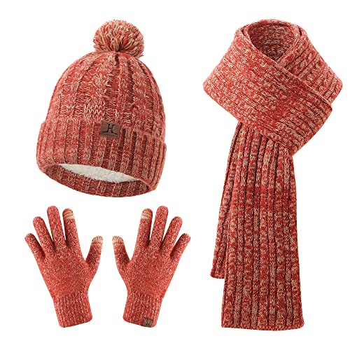 MAYLISACC Womens Hat Scarf Gloves Set, Stylish Winter Knitted Warm Beanie Caps+Long Scarves+Touch Screen Gloves for Laydies - color: Red