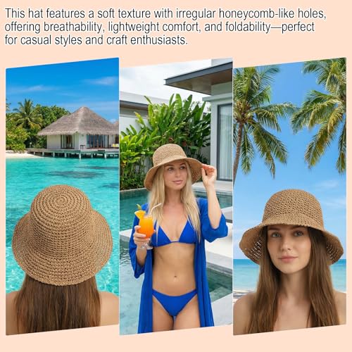 Womens Beach Hat, Packable Sun Hat, Straw Bucket Hats for Travel Khaki