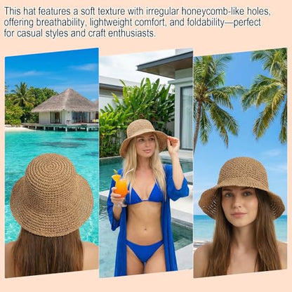 Womens Beach Hat, Packable Sun Hat, Straw Bucket Hats for Travel Khaki