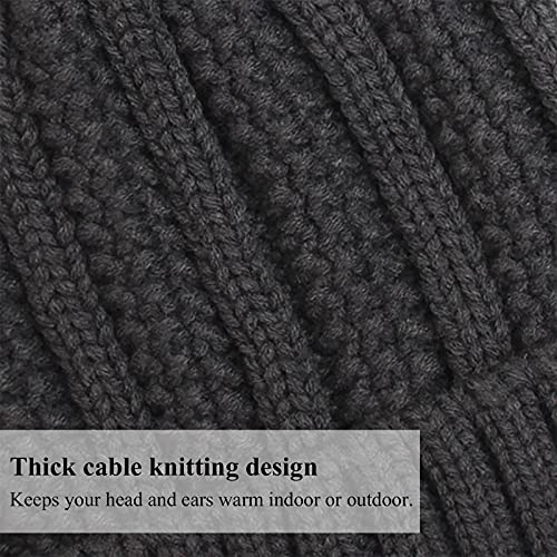 Muryobao Womens Satin Lined Beanie Hat with Faux Fur Pom Cuffed Winter Warm Knit Skull Cap - color: Dark Grey