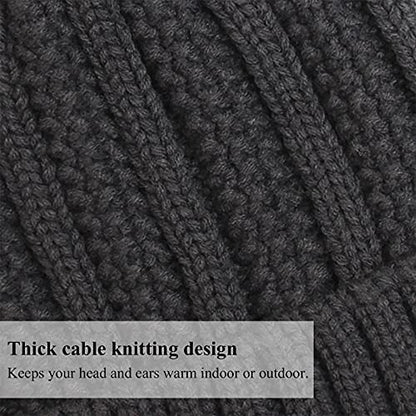Muryobao Womens Satin Lined Beanie Hat with Faux Fur Pom Cuffed Winter Warm Knit Skull Cap - color: Dark Grey