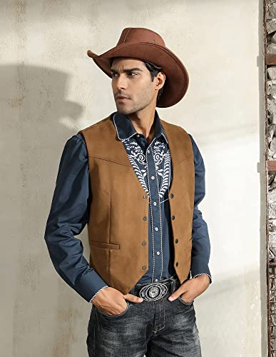PJ PAUL JONES Men's Western Cowboy Vest Leather Suede Casual Waistcoat - color: Brown, size: Small