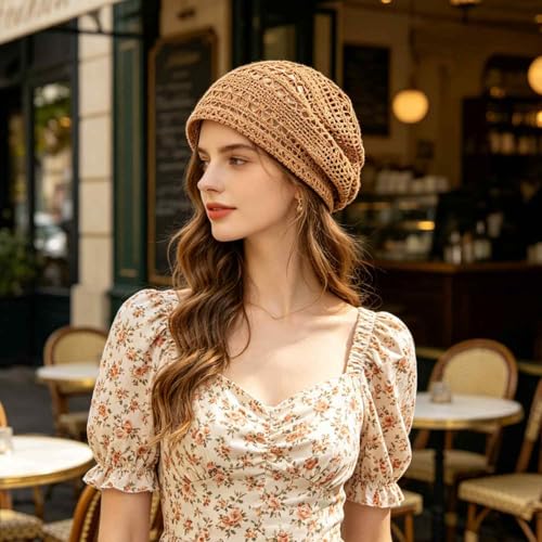 Women's Sparkly Lace Beanie Hat for Women, Lightweight Breathable Knit Skull Cap,Fashion Slouchy Beanie - color: Coffee Color 013