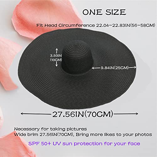 Oversized Beach Hat Women, Extra Wide Brim Foldable Straw Floppy Sun Hat - color: Black