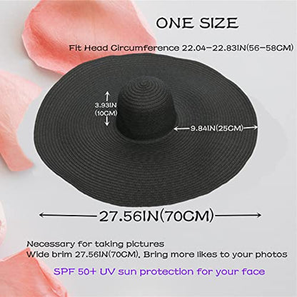 Oversized Beach Hat Women, Extra Wide Brim Foldable Straw Floppy Sun Hat - color: Black