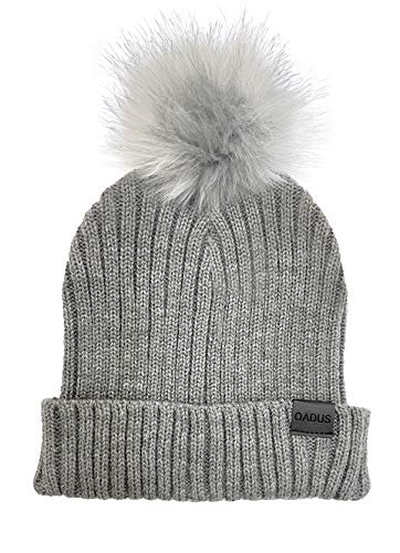 Women's Slouchy Winter Beanie Hat with Removable Faux Fur Pom - color: Light Grey/Light Grey Pom