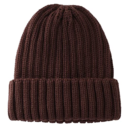 Connectyle Women's Rib Knit Cuffed Beanie Hat Stretch Acrylic Winter Hat Thick Warm Snow Ski Cap - color: Coffee