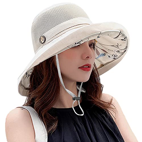 Women Wide Brim Sun Hats Metal Wired Edge Summer UV Protection Beach Fishing Hat for Hiking Garden Travel Chin Strap - color: A1-m9163-beige, size: One Size