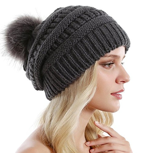 Women Knit Slouchy Beanie Chunky Baggy Hat with Faux Fur Pompom Winter Soft Warm Ski Cap - color: Dark Grey