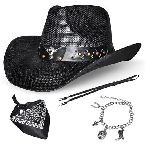 Black Straw Cowboy Hat Western with Bracelet Decorative Bands and Bandana, Hat Size Fits 22.04 to 22.83, Wide Brim, Stylish & Durable Cowboy Hat - Unisex Western Hat for All Occasions