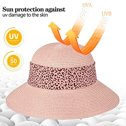 Womens Straw Sun Hat Summer Beach Wide Brim UV Protection Hats with Chin Strap Floppy Foldable Cute Bowknot UPF 50 Cap - color: Leopard Pink