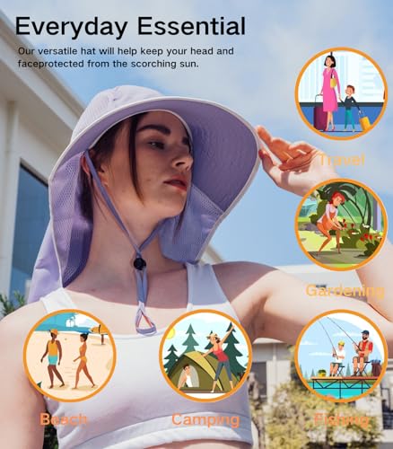 UV Sun Protection Hat Women Foldable Neck Flap Wide Brim Fishing Hat with Ponytail Hole for Women - color: Light-purple