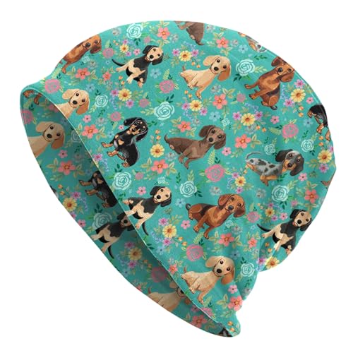 Slouchy Beanie Hat Skull Cap Chemo Headwear Baggy Hats for Men Women Running Cycling - color: Floral Dachshunds