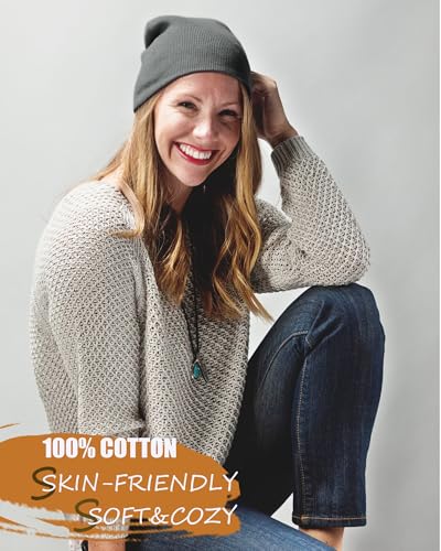 vidsel 100% Cotton Beanie Hat-Unisex Winter Knit Cuffed Beanies Skull Cap - color: 1-grayish Green