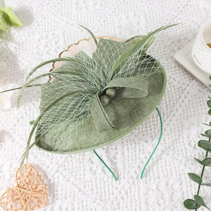 AQOKKA Women Fascinators Hats Flower Mesh Feathers Headband Clip - color: 1 Pc Feather Fascinators : Light Green