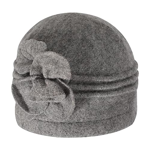 ZLYC Women Wool Cloche Bucket Hat 1920s Vintage Winter Hat with Flower - color: Flower Grey