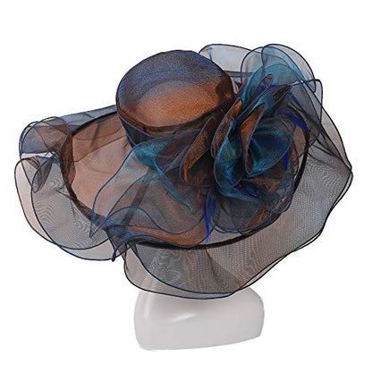 Women Oganza Sun Hat Church Wide Brim Wedding Formal Fascinator Hat - color: Blue & Coffee