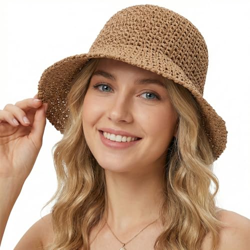 Womens Beach Hat, Packable Sun Hat, Straw Bucket Hats for Travel Khaki