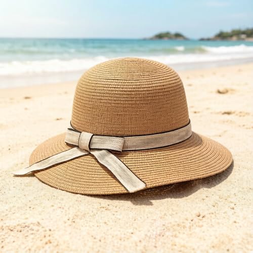 Summer Little Girl Kids Breathable Straw Hat Foldable UV Protection Bowknot Wide Brim Floppy Beach Sun Visor Hats - color: Khaki