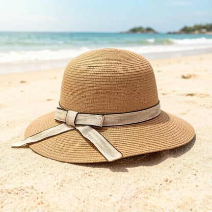 Summer Little Girl Kids Breathable Straw Hat Foldable UV Protection Bowknot Wide Brim Floppy Beach Sun Visor Hats - color: Khaki