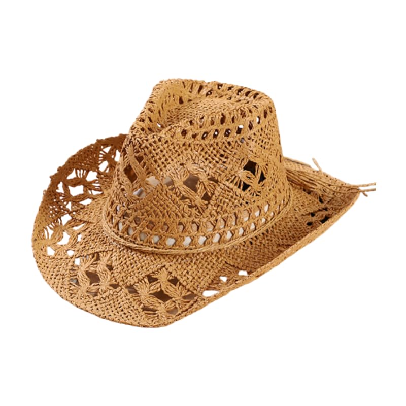 Straw Cowboy Hats for Women Men Western Cowgirl Hat Foldable Wide Brim Cowboy Hat Travel Vacation Beach Sun Hats - color: Khaki