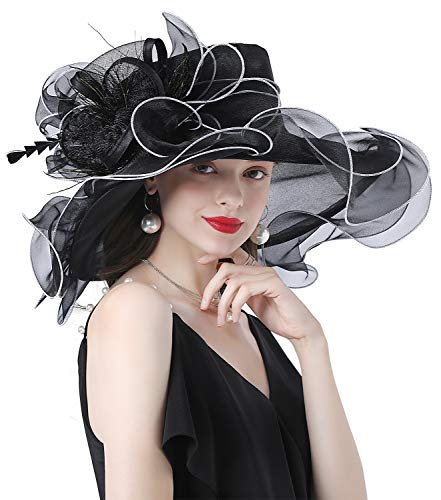 Z&X Women Organza Church Derby Hat Wide Brim Sun Hats for Wedding Tea Party Fascinator Hat, Dual-use - color: 2003- Black