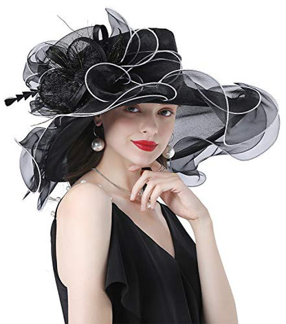 Z&X Women Organza Church Derby Hat Wide Brim Sun Hats for Wedding Tea Party Fascinator Hat, Dual-use - color: 2003- Black