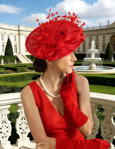 Unpifolov Fascinators Hats Elegant Women Flower Mesh Feathers Wedding Cocktail Bride Headband for Derby Hat Tea Party - color: Red