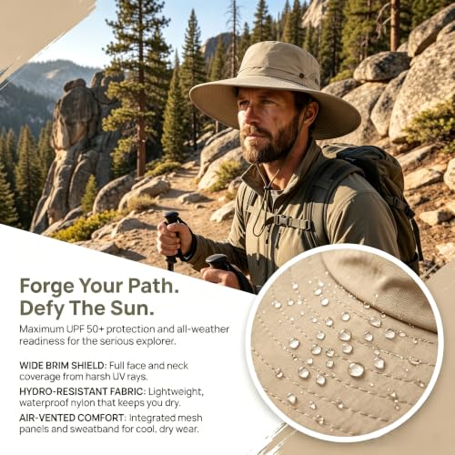 Fishing Sun Hat for Men UPF 50+ Wide Brim Boonie Hats for Summer - color: Khaki