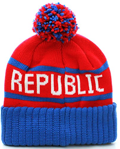 American Cities California Republic Cuff Beanie Cable Knit Pom Pom Hat Cap Red Blue