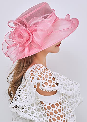 Women's Organza Derby Fascinator Hat Cloche Bowler Hat Cocktail Tea Party Wedding Sun Hat - color: B5-rosered