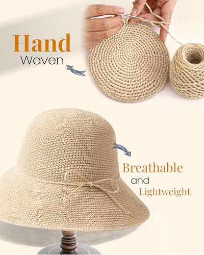 FURTALK Beach Sun Hat for Women Foldable Packable Handmade Straw Hats Sun Protection Floppy Travel Essentials - color: Beige, size: Medium-Large