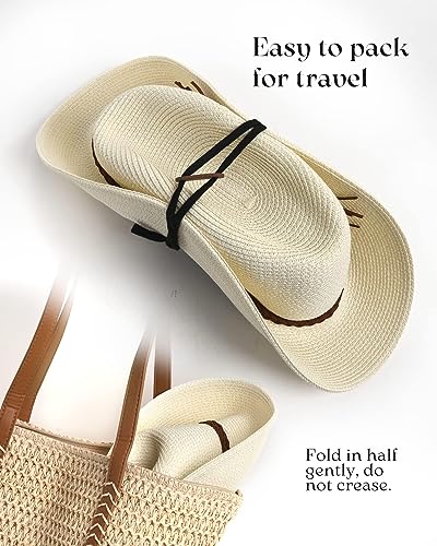 FURTALK Womens Wide Brim Sun Hat Beach Panama Fedora Straw Summer - color: Ivory, size: Medium-Large