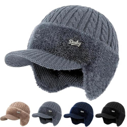 Winter Trapper Beanie Hats for Women Men, Fleece Lined Knit Hat with Brim Ear Flaps, Ear Warmers Cold Cap - color: Gray