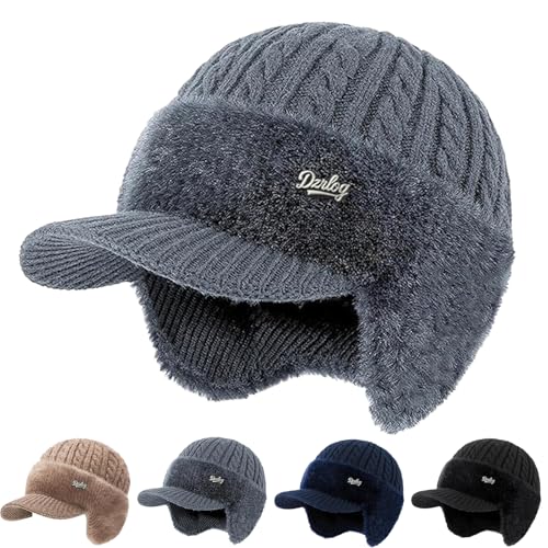 Winter Trapper Beanie Hats for Women Men, Fleece Lined Knit Hat with Brim Ear Flaps, Ear Warmers Cold Cap - color: Gray