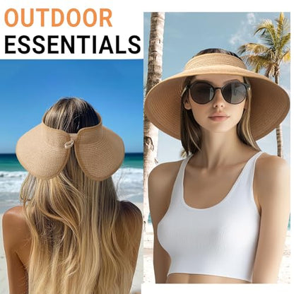PFFY Sun Visor Hats for Women Wide Brim Straw Packable Ponytail Beach Hat - color: Beige