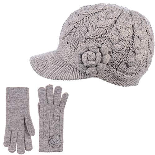 Womens Winter Elegant Cable Flower Knitted Newsboy Cabbie Cap Beret Beanie Hat with Visor, Warm Plush Fleece Lined - color: Dk.beige Cable Flower-hat Gloves Set # 2